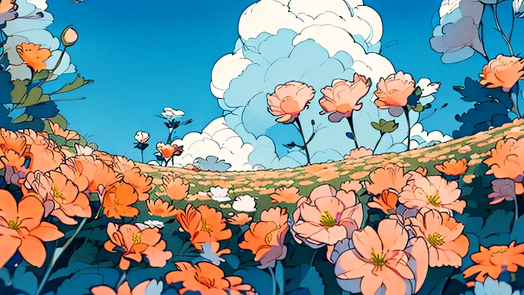 Beautiful field of flowers, anime styling, angle height, angulo olandes