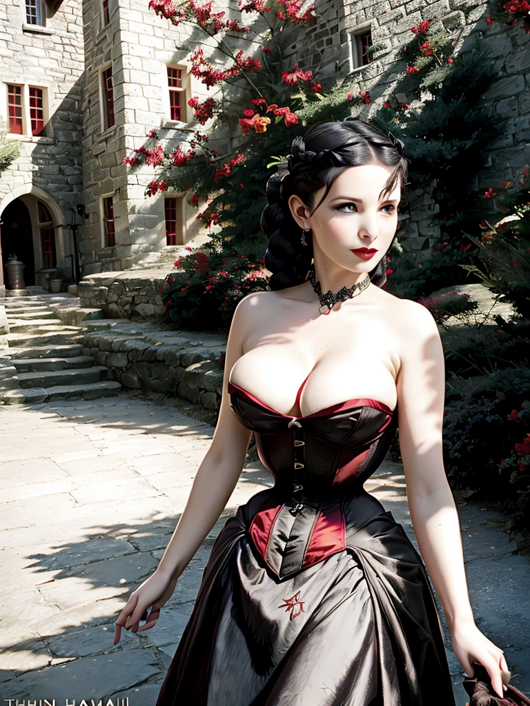 a dark haired gothic woman with braids wearing black satin wasp waist corset over 50s vintage red summer dress , retro hairstyle, in stone manor hall, natural lighting, outdoors, vintage, photorealism, PHOTOREALISTIC, cleavage, 4k, Depth of field, Canon, atmospheric lighting