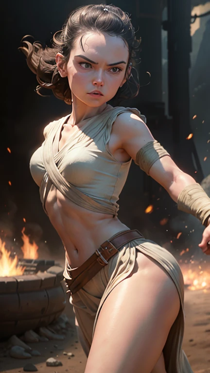 Daisy Ridley face, masterpiece 1.3, Ultrarealistic face, slim athletic physique, small flat breasts, round ass, "With a look of intense focus, Rey holds out her hand, projecting a powerful Force push that sends enemies flying back, her stance strong and unyielding."