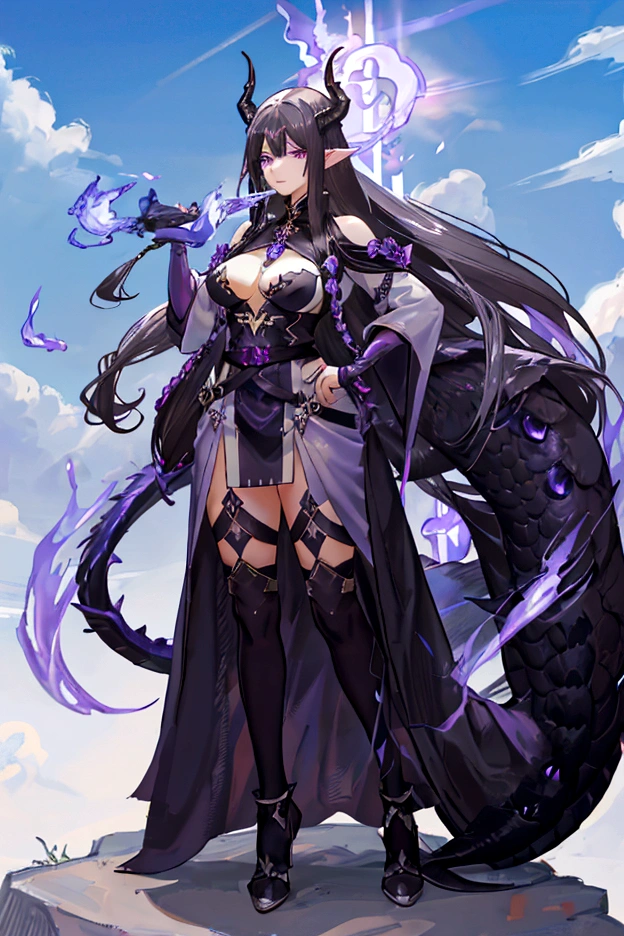 An adult tall woman, a war goddess, black hair with gray streaks, high ponytail, purple eyes, dragon horns and tail, divine light, muscular physique, divine attire, indifferent gaze