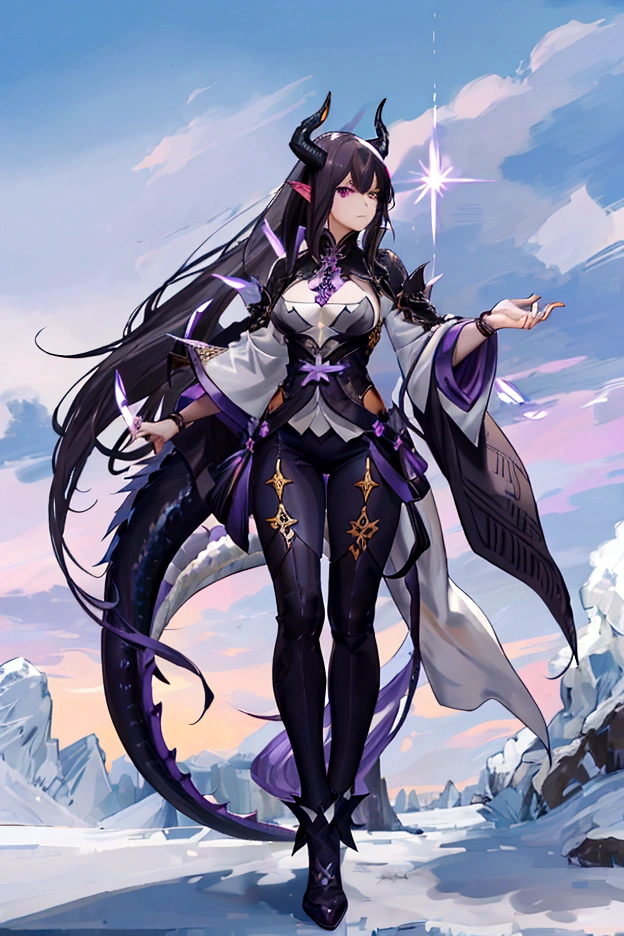 An adult tall woman, a war goddess, black hair with gray streaks, high ponytail, purple eyes, dragon horns and tail, divine light, muscular physique, divine attire, indifferent gaze