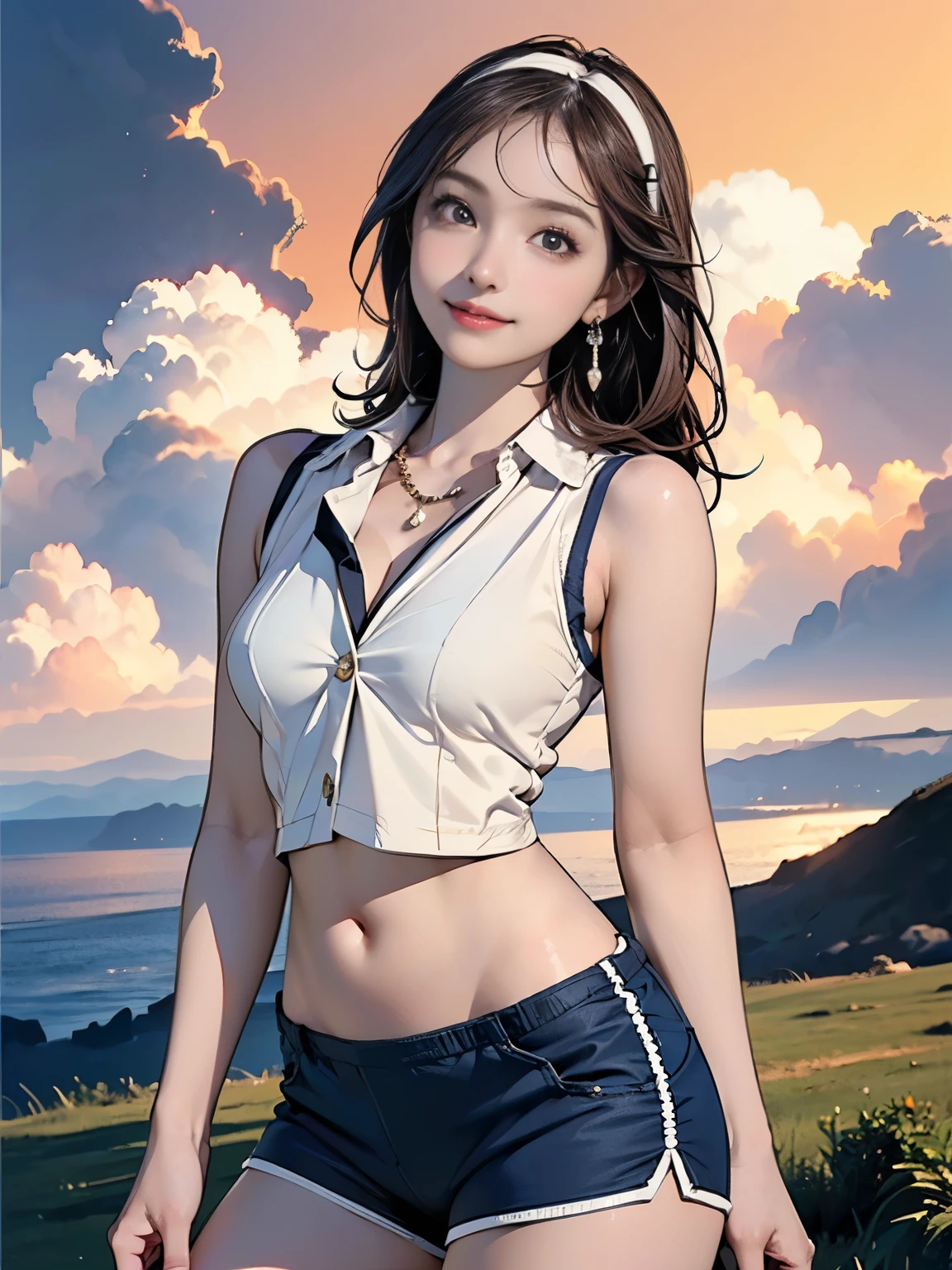 ((((Highest quality))))、(((Ultra-precision CG16K wallpaper)))、(((masterpiece)))、(((Super detailed)))、(((Extreme detail)))、((1Mature 29 year old woman:1.6))、((Very beautiful Japan face of a person))、((Urizane Face:1.8))、((Medium Straight Hair:1.8))、(Shiny Hair)、A delicately drawn beautiful face、Dark Eyes、double eyelid、High nose、Small nostrils、Small Mouth、Seductive lips、Beautiful breasts、((C cup size breasts))、Cleavage、Small belly button、Beautiful feet、Thin thighs、eight-headed body、Perfect proportions、Perfect Anatomy、Perfect composition、Beautiful detailed shading、Beautiful, natural lighting、Beautiful detail glow、Depth of written boundary、(((High chroma)))、(((Real:1.9)))、((vivid:1.5))、((Beautiful Skin))、((Skin Texture))、((Realな皮膚感))、(((Cowboy Shot:1.6)))、(((front view、shoot from front、front low angle:1.6)))、(((smile:1.4)))、((looking at viewer:1.6))、Bright daylight、Natural light、(((plateau、Mountain、cloud:1.5)))、(Walking pose:1.6)、(((Cream ivory sleeveless collared open front shirt&Navy blue low rise open front yoga shorts:1.6)))、((hair band、necklace、Wearing earrings:1.5))、((Lace Stockings Clothed:1.3))、