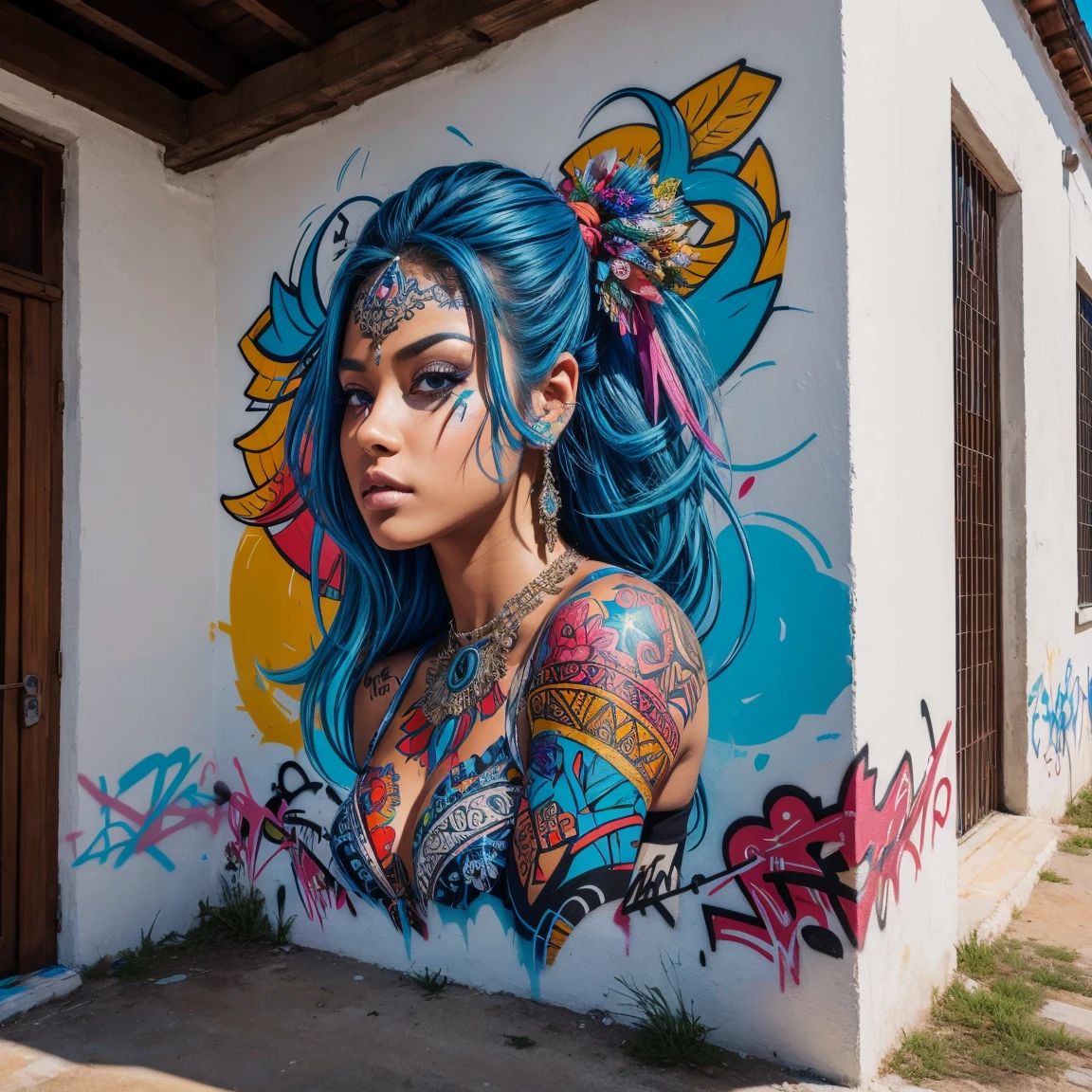 graffiti, painting, art by blu, masterpiece, intricate details, full screen