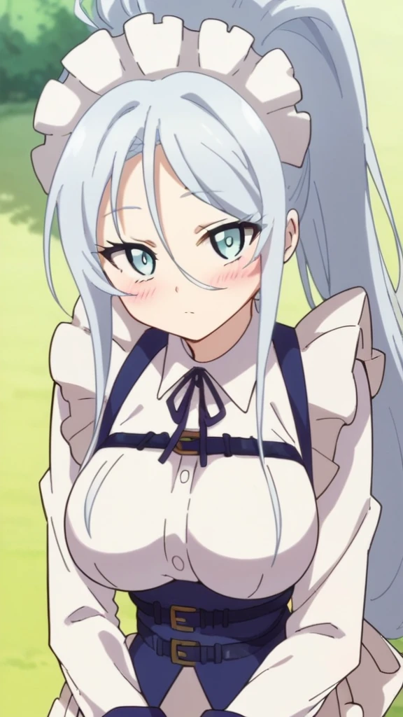 sylpha, long_hair, 1girl, blue_eyes, blue_hair, solo, blush, large_breasts, ponytail , maid_headdress, maid, apron, looking at viewer, score_9, score_8_up, score_7_up, , anime coloring ,BREAK source_anime, anime