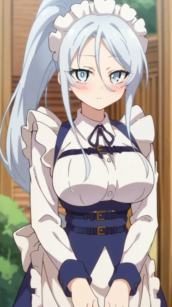 sylpha, long_hair, 1girl, blue_eyes, blue_hair, solo, blush, large_breasts, ponytail   , maid_headdress, maid, apron, looking at viewer, score_9, score_8_up, score_7_up, , anime coloring ,BREAK source_anime, anime