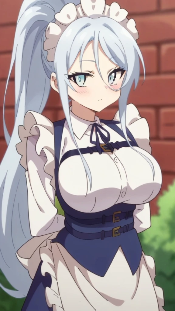 sylpha, long_hair, 1girl, blue_eyes, blue_hair, solo, blush, large_breasts, ponytail   , maid_headdress, maid, apron, looking at viewer, score_9, score_8_up, score_7_up, , anime coloring ,BREAK source_anime, anime