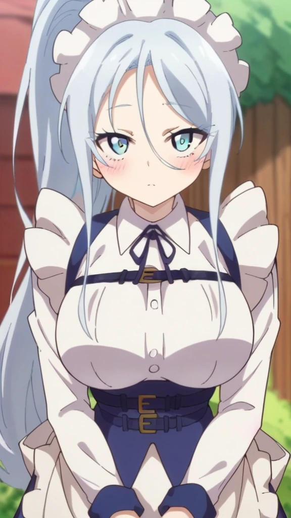 sylpha, long_hair, 1girl, blue_eyes, blue_hair, solo, blush, large_breasts, ponytail   , maid_headdress, maid, apron, looking at viewer, score_9, score_8_up, score_7_up, , anime coloring ,BREAK source_anime, anime