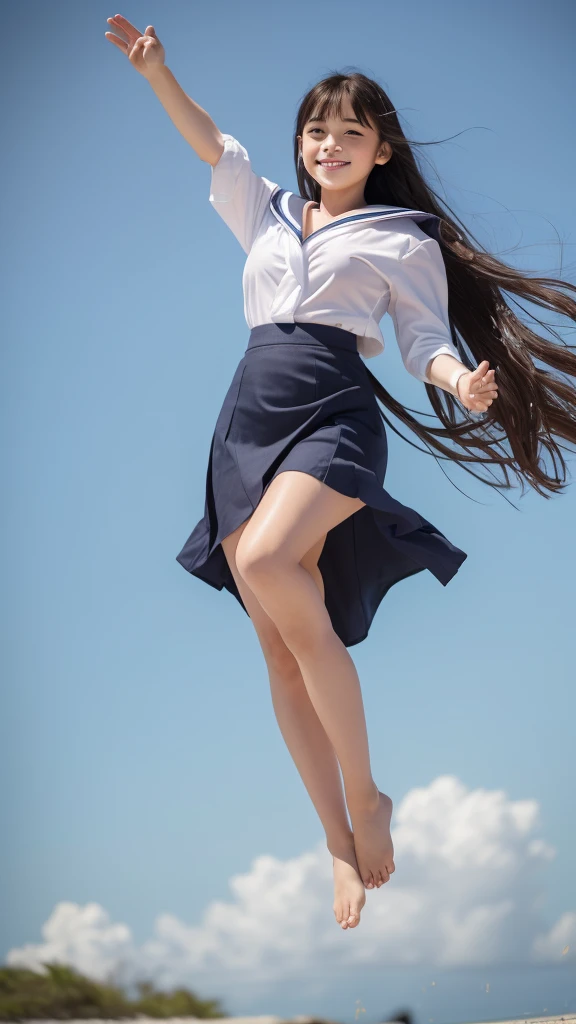 1girl,(((Okinawa ocean)))、(((White sand beaches in Okinawa)))、(((Just join your hands and pray)))、(((Mysterious look)))、8k UHD、Digital single-lens reflex camera、High resolution、Shallow depth of field、Natural light、(((Sailor suit)))、(((navy blue super mini skirt)))、(((A sparkling, charming smile)))、(((Full body photography)) )、Small person、(((Young face)))、1 Japanese female、;beautiful girl、(Black Hair)、A strong wind blows up my skirt、(((Brown eyes)))、Glowing Skin、Smooth Thinning Hair、Long Hair、Detailed background、Detailed eyes and face、Clear Eyes、Cute smile、Calm atmosphere、(((stage)))、(((Small breasts)))、(((Beautiful Eyes)))、Flat chest、Children、(((Toned thighs))) 、(((Angle from below) ))、(((Fine lips)))、(((Skirt fluttering)))、Shining beautiful legs、( Skirt fluttering violently in the strong wind :1.4),   (hair blowing in the strong wind:1.4), (leaning forward)、barefoot、barefoot、((((A skirt flipped up by a strong wind))))