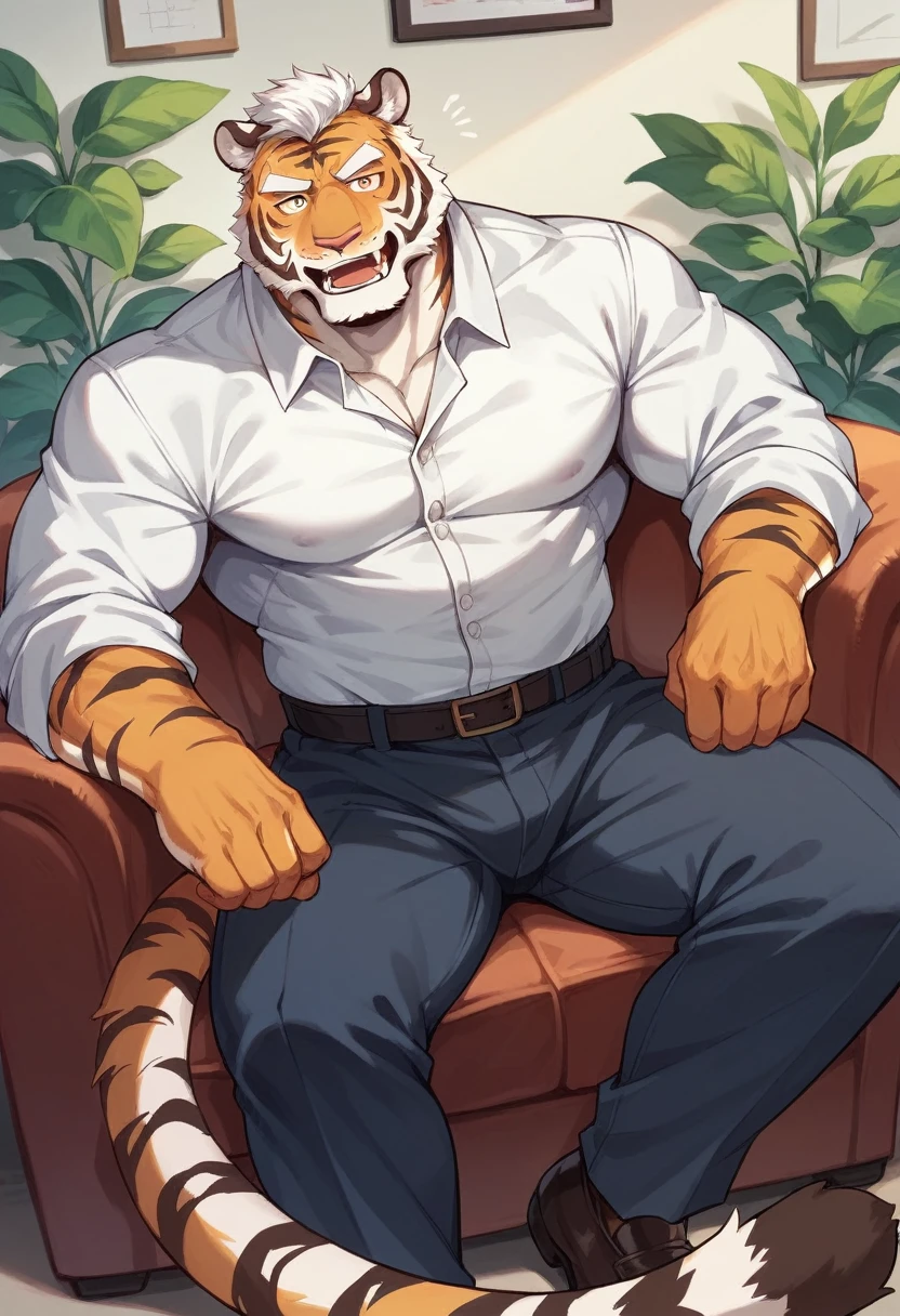Siberian tiger，personification，Mature male，Strong Man，Enthusiastic expression，Black pupil，Light white eyebrows，Sitting on the sofa，office。