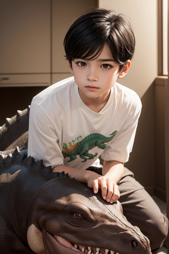 Boy with black hair and light brown eyes with a dino