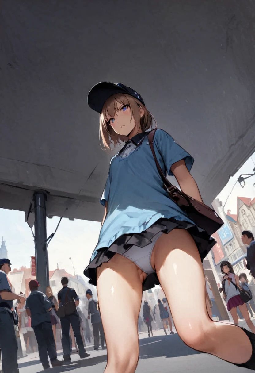spread leg legs、sit、Looking away、Chat with friends、In town、bustling street、cap、Panties、Shoulder bag、mini skirt、Private Server、Girl、Girl、Short、Younger、Baby Face、flat chest、Dynamic Angle、Useless、Glaring、Both eyes open、Voyeur style