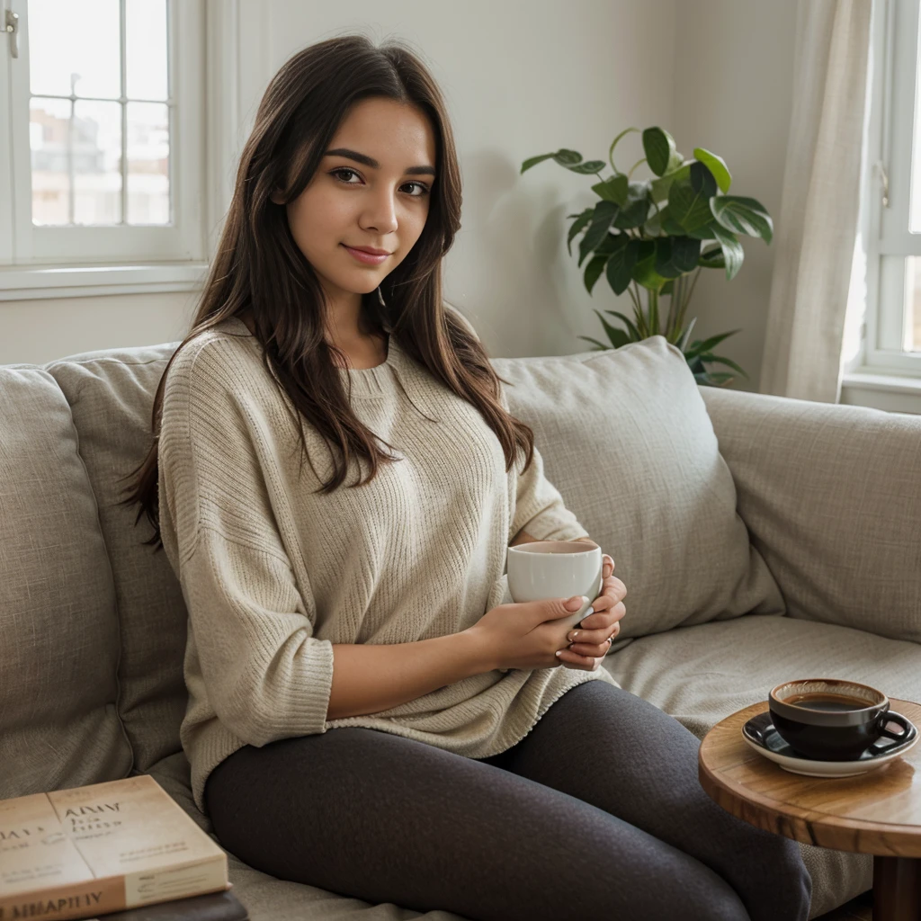 A photorealistic portrait of a 21-year-old Colombian girl with long, flowing dark hair and striking dark eyes. She should have a peaceful, happy expression and be illuminated by the soft, warm light of her living room. The background should depict a cozy, well-decorated living room with a comfortable sofa, decorative cushions, and a coffee table with books and a plant. She is sitting comfortably on the sofa, wearing a cozy sweater and leggings, with a warm cup of tea in her hands and a blanket draped over her lap. Capture this moment with a high-resolution photograph using an 85mm lens to emphasize her comfort and the inviting, homey atmosphere.