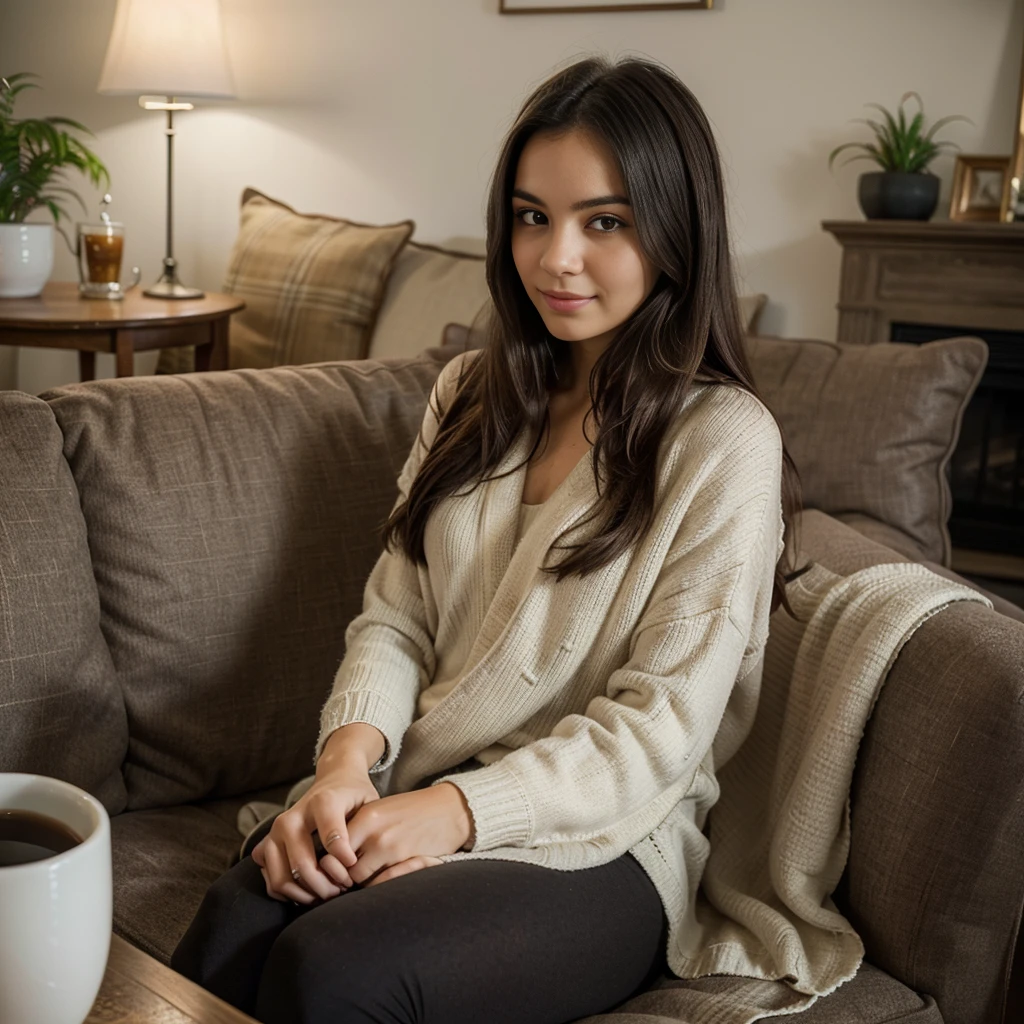 A photorealistic portrait of a 21-year-old Colombian girl with long, flowing dark hair and striking dark eyes. She should have a peaceful, happy expression and be illuminated by the soft, warm light of her living room. The background should depict a cozy, well-decorated living room with a comfortable sofa, decorative cushions, and a coffee table with books and a plant. She is sitting comfortably on the sofa, wearing a cozy sweater and leggings, with a warm cup of tea in her hands and a blanket draped over her lap. Capture this moment with a high-resolution photograph using an 85mm lens to emphasize her comfort and the inviting, homey atmosphere.