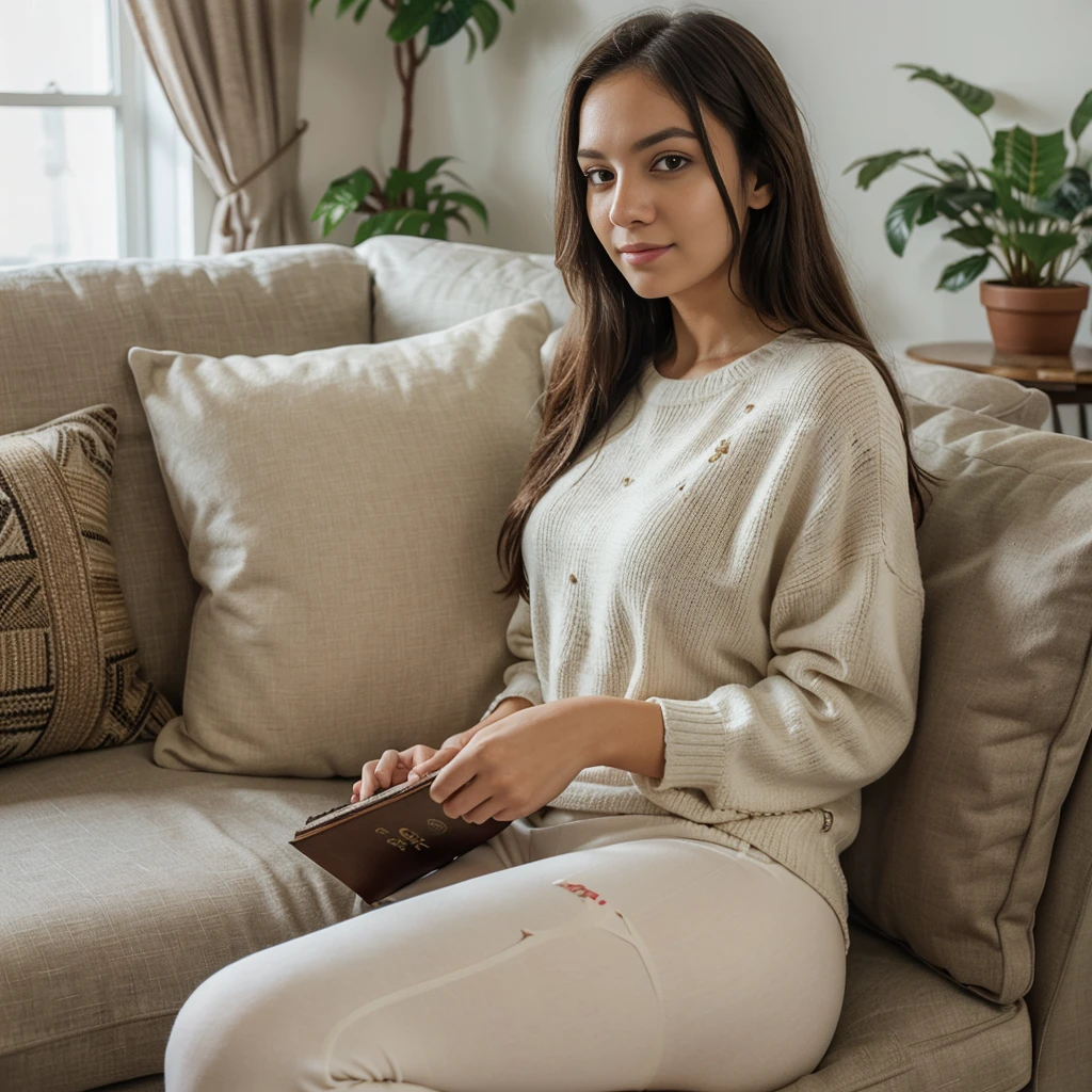 A photorealistic portrait of a 21-year-old Colombian girl with long, flowing dark hair and striking dark eyes. She should have a peaceful, happy expression and be illuminated by the soft, warm light of her living room. The background should depict a cozy, well-decorated living room with a comfortable sofa, decorative cushions, and a coffee table with books and a plant. She is sitting comfortably on the sofa, wearing a cozy sweater and leggings, with a warm cup of tea in her hands and a blanket draped over her lap. Capture this moment with a high-resolution photograph using an 85mm lens to emphasize her comfort and the inviting, homey atmosphere.