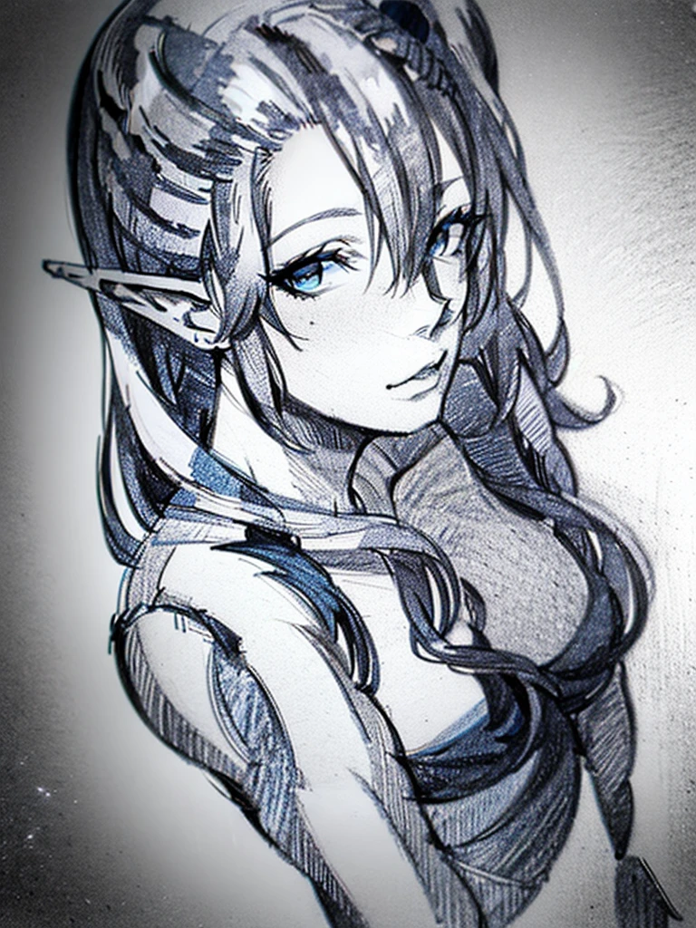 (blue pencil sketch:1.4), blue color, drawning, busty elf