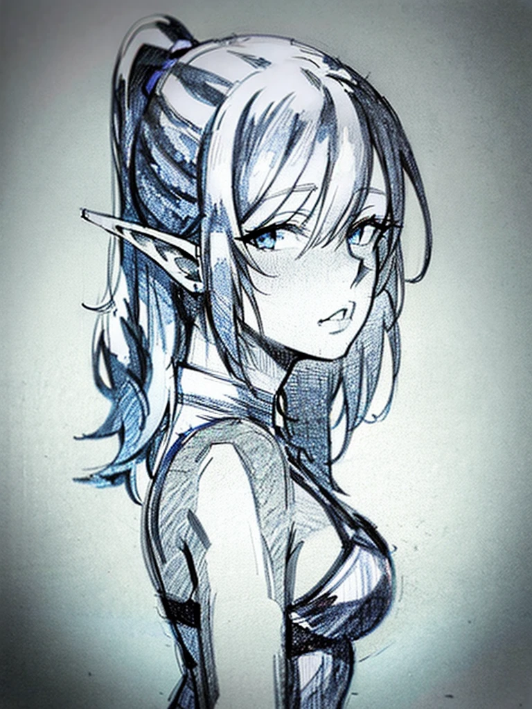 (blue pencil sketch:1.4), blue color, drawning, busty elf