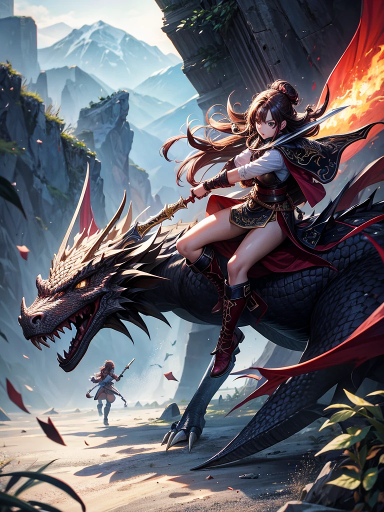 Highest quality,Highest Resolution,１People Girls,Fighting Warrior,Carrying a weapon,Fighting the Dragon,