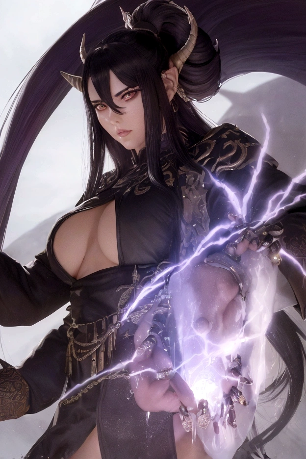 An adult tall woman, a war goddess, black hair with gray streaks, high ponytail, purple eyes, dragon horns and tail, divine light, muscular physique, divine attire, indifferent gaze