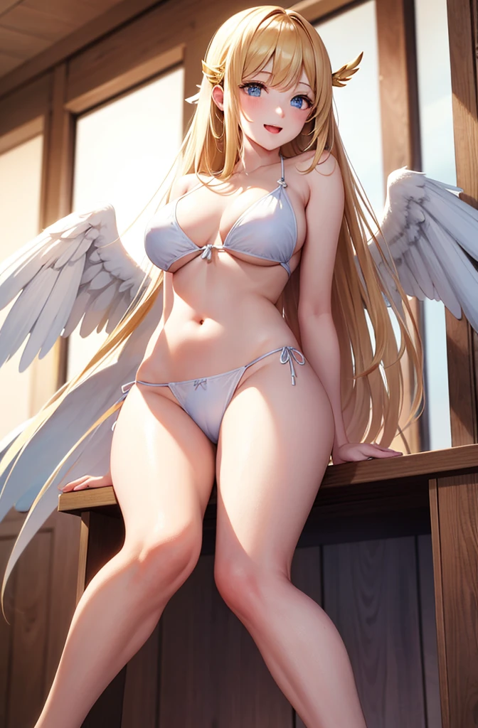 最high quality, high quality, 8K、High resolution,Highest quality、solo、Tall female angel in white bikini with wings on chest viewed from below、Open Mouth Smile、Blonde hair and blue eyes、Thighs、Long legs、In the mansion's great hall