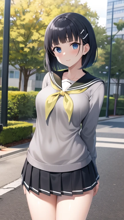 masterpiece, best quality, highres, aasugu, short hair, hairclip, large breasts, grey sweater, black sailor collar, yellow neckerchief, black skirt, standing, cowboy shot, outdoors