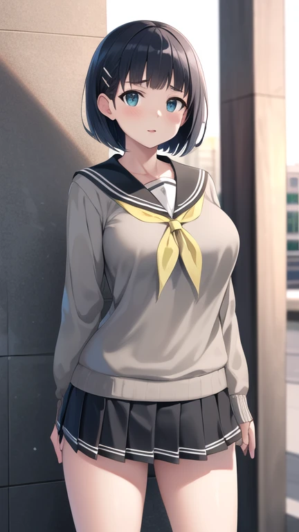 masterpiece, best quality, highres, aasugu, short hair, hairclip, large breasts, grey sweater, black sailor collar, yellow neckerchief, black skirt, standing, cowboy shot, outdoors