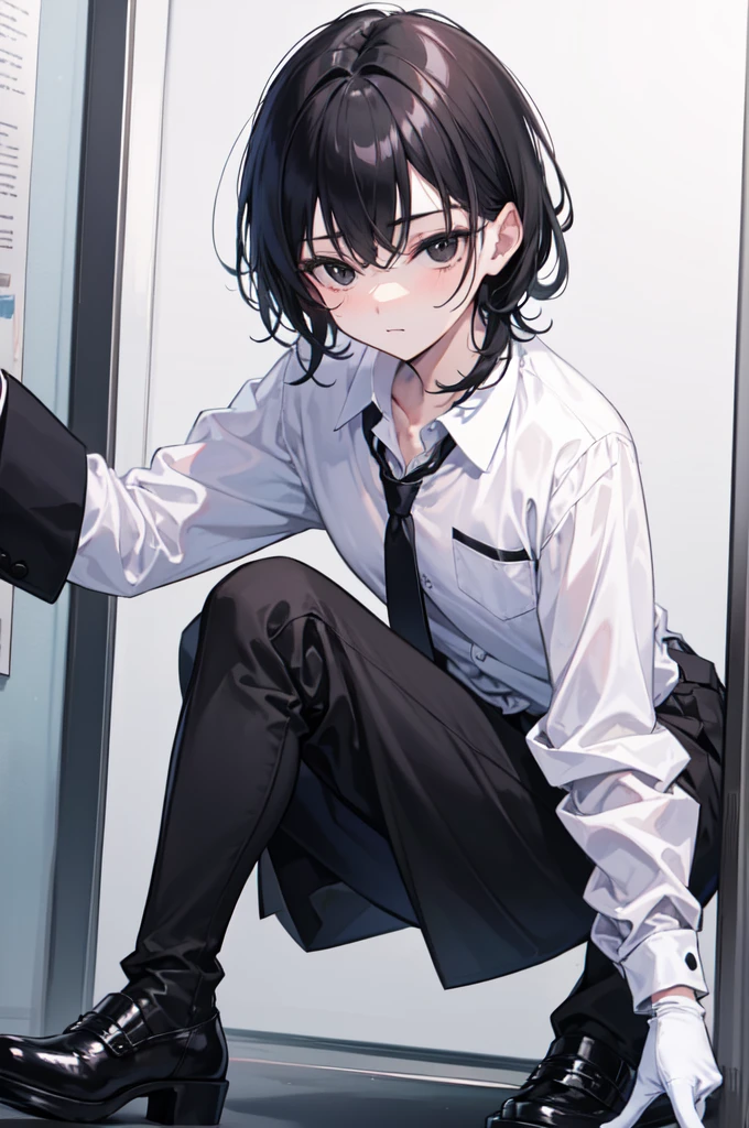 18-year-old boy，cute，Wear a white long-sleeved shirt and a black work tie，Wear black pants，Wear black booties，Wear black gloves，Black hair，Black eyes，porn pose