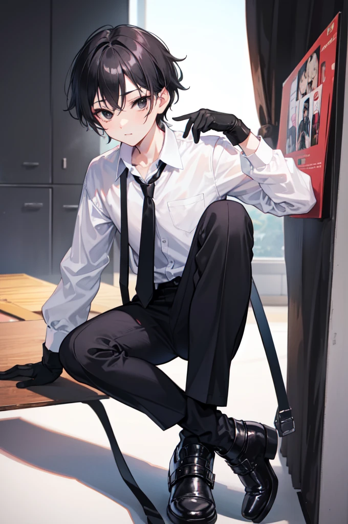 18-year-old boy,cute,Wear a white long-sleeved shirt and a black work tie,Wear black pants,Wear black booties,Wear black gloves,Black hair,Black eyes,porn pose