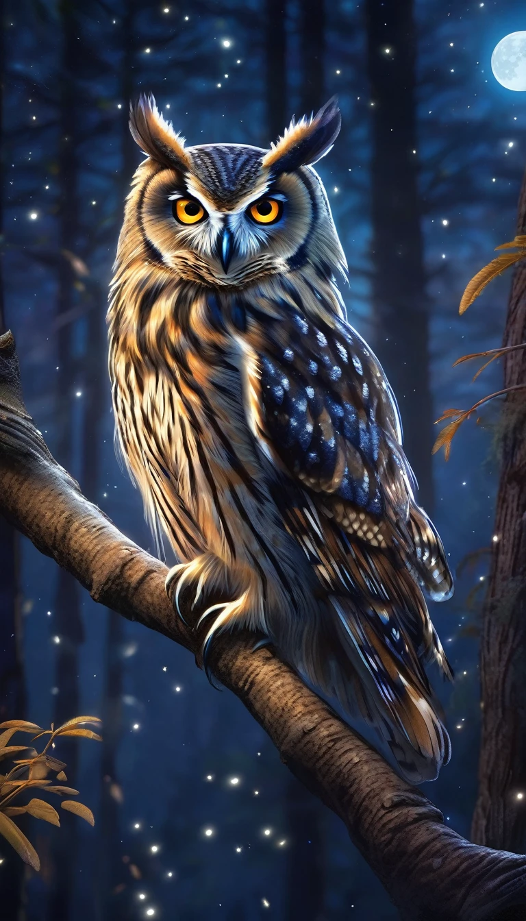 composition:Owl perched on a branch,In the quiet forest,Moonlight Forest,Long feathers,Sharp Claws,Sharp Eyes,Strong Eyes,Detailed Texture,Hairy body,Feathers swaying in the gentle breeze,Stars shining in the background,Natural habitat,Hidden in the Shadows,Silence of the Night,Mysterious Aura,Magical atmosphere,Dark Color Palette,The faint moonlight illuminating the owl,Highest quality,5K resolution,Ultra-high definition rendering,Realistic,Artistic interpretation,dressed animal page