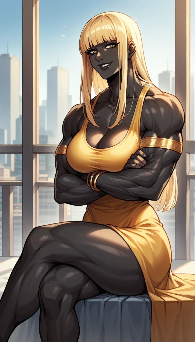 black buff strong woman character, muscle arms, muscle body, buff body, tall woman, black skin, full black skin, strong arms, long fringe hair, blonde hair, blonde fringe hair, fringe hair, scales in body, black lips, milf, black and golden dress, golden details, golden bracelets, smile, sit, crossed legs, morning, city