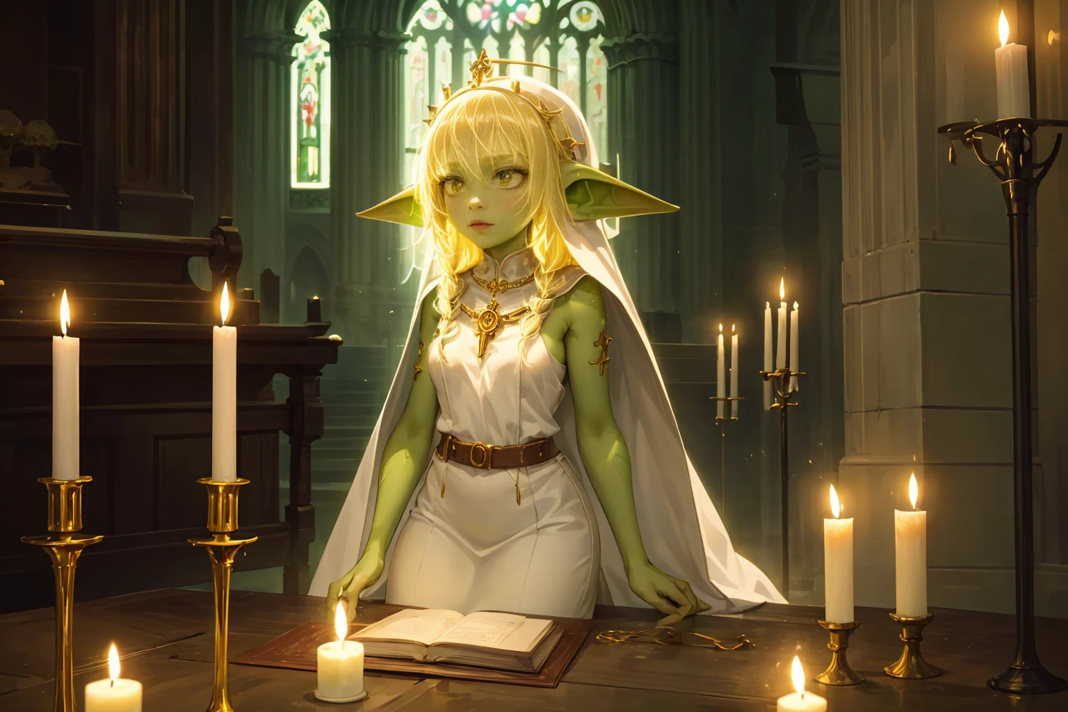 1 girl, green goblin girl, green skin, small pointy ears, priestess dressed in white, pious, lighting a candle in a gothic cathedral, candlelit, warm lighting, soft lighting, reverent, smooth skin, blonde hair, luminous hair, novice, acolyte, low light