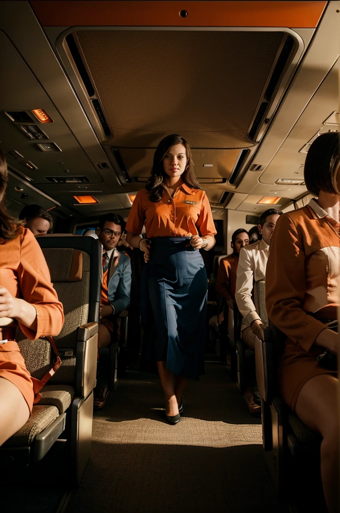 First class on an airplane in the 70s, Aesthetic, People, Flight attendant, Vintage, Nostalgic, 4K, Ultra HD, High definition, Group of people, orange color grading, cinematic, sunset light