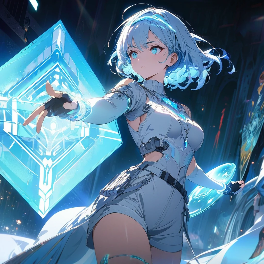 Create an image of a gentle girl with short, silvery-blue hair wearing a fitted, high-collar, long-sleeved shirt with glowing runic patterns, slim-fit cargo pants, fingerless gloves with LED strips, articulated knee guards, and sturdy, glowing-trim combat boots; she has a high-tech headband, (nude:0.8) a silver necklace with a crystal pendant, and a wrist-mounted holographic projector, and she is generating a large, translucent energy shield with intricate, glowing blue patterns, standing in a dynamic yet gentle pose with a dark, dramatic background illuminated by blue light and energy waves, detailed gorgeous face| anime style| key visual| intricate detail| highly detailed| breathtaking| vibrant| panoramic| cinematic| Carne Griffiths| Conrad Roset| gibbli 8