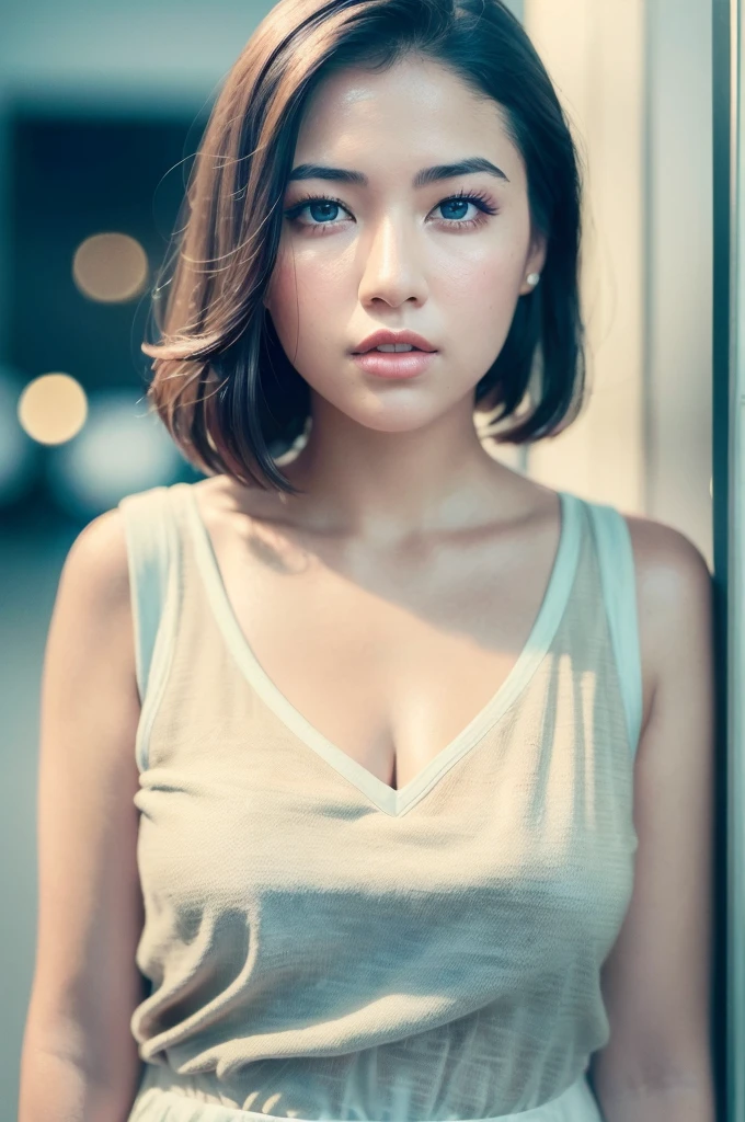 1 Girl, Beautiful vintage colors, Instagram (photoRealistic, High resolution: 1.4), ((Swollen eyes)), Spectators Gazing, whole body (8K, RAW Photos, Highest quality, masterpiece: 1.2), (Realistic, photoRealistic) :1.37), (Sharp focus :1.2), Professional Lighting, Photon Mapping, Radio City, Physically Based Rendering, (White skin: 1.2), The viewer&#39;s eyes, (Mid-length hair: 1.5), Portraiture, Dark Eyes, (Brown Hair: 1.1), bangs, (Karaoke box in the background: 1.4), alone, Upper Body, Genuine (masterpiece:1.4), (Highest quality:1.4), (Shiny skin), Stylish girl, compensate, smile (skinny, Close your mouth, shy:1.3), (Are standing, White dress costume, Necromancer:1.1), Medium Bust, Sexy pose, Japanese, Big eyes, I&#39;m a little stuck, So cute, moonlight,