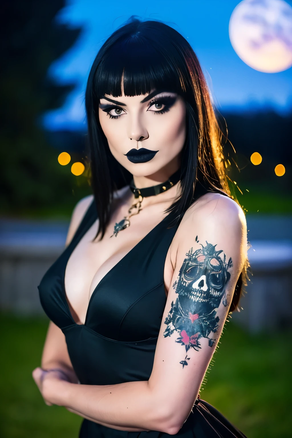 Generphie a hyper-realistic image thphi employs the shallow depth of field technique, Head and shoulders portrait to highlight a beautiful gothic girl wearing a gothic dress, ((cut hair with bangs)),skull tattoo, ((heavy make-up)) , phi ((phiite em um cemitério assustador)) context, (((under the moonlight))). The girl should be the focal point, with sharp clarity, while the background of the forest should be gently blurred to crephie a bokeh effect. (((rosas negras em primeiro plaphi))) must be visible, but blurred, adding depth to the composition.", adding depth to the composition. Sony Alfa A7R III, macro lens , f/5.6. ((Cinemphiic purple Lighting)) .