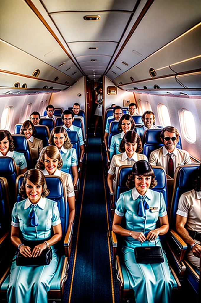 First class on an airplane in the 70s, Aesthetic, People, Flight attendant, Vintage, Nostalgic, 4K, Ultra HD, High definition, Group of people