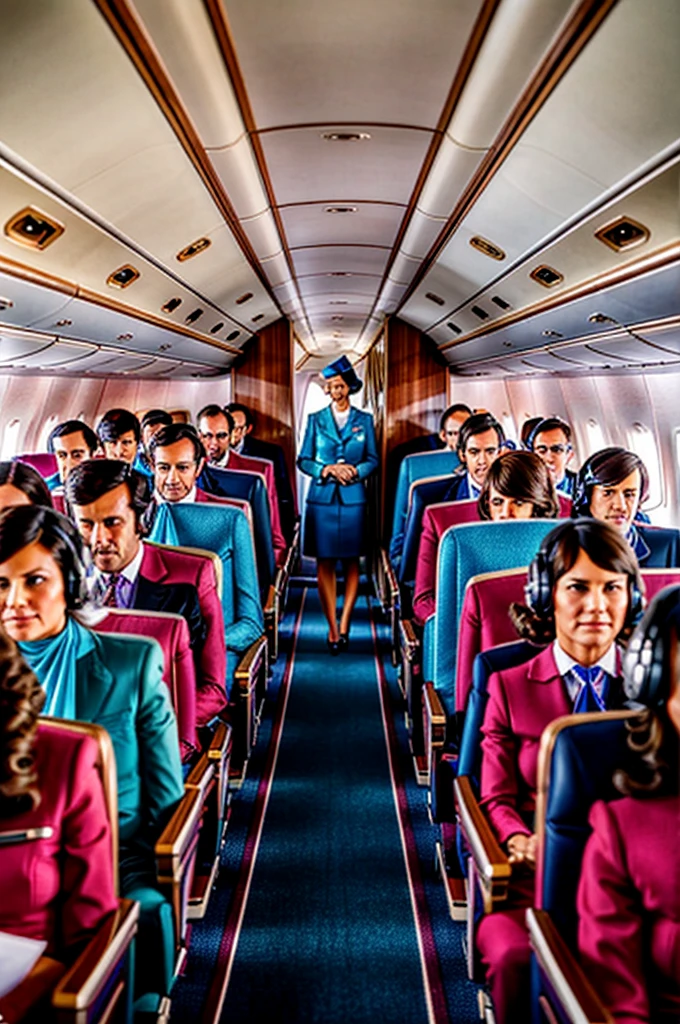 First class on an airplane in the 70s, Aesthetic, People, Flight attendant, Vintage, Nostalgic, 4K, Ultra HD, High definition, Group of people