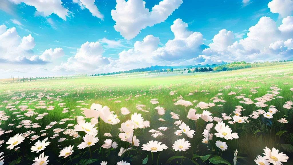 Beautiful field of flowers, anime styling, angle height, angulo olandes. clear blue sky