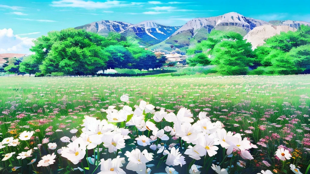 Beautiful field of flowers, anime styling, angle height, angulo olandes. clear blue sky