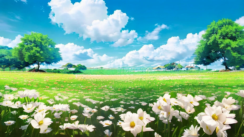 Beautiful field of flowers, anime styling, angle height, angulo olandes. clear blue sky
