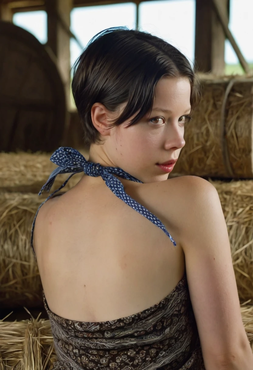 farmer girl, short hair wearing bandana, showing her butt, looking back at me, in a barn, mia goth, brown eyes, farm uniform, leaning over a box, black hair, showing ass and pussy, expressiveh