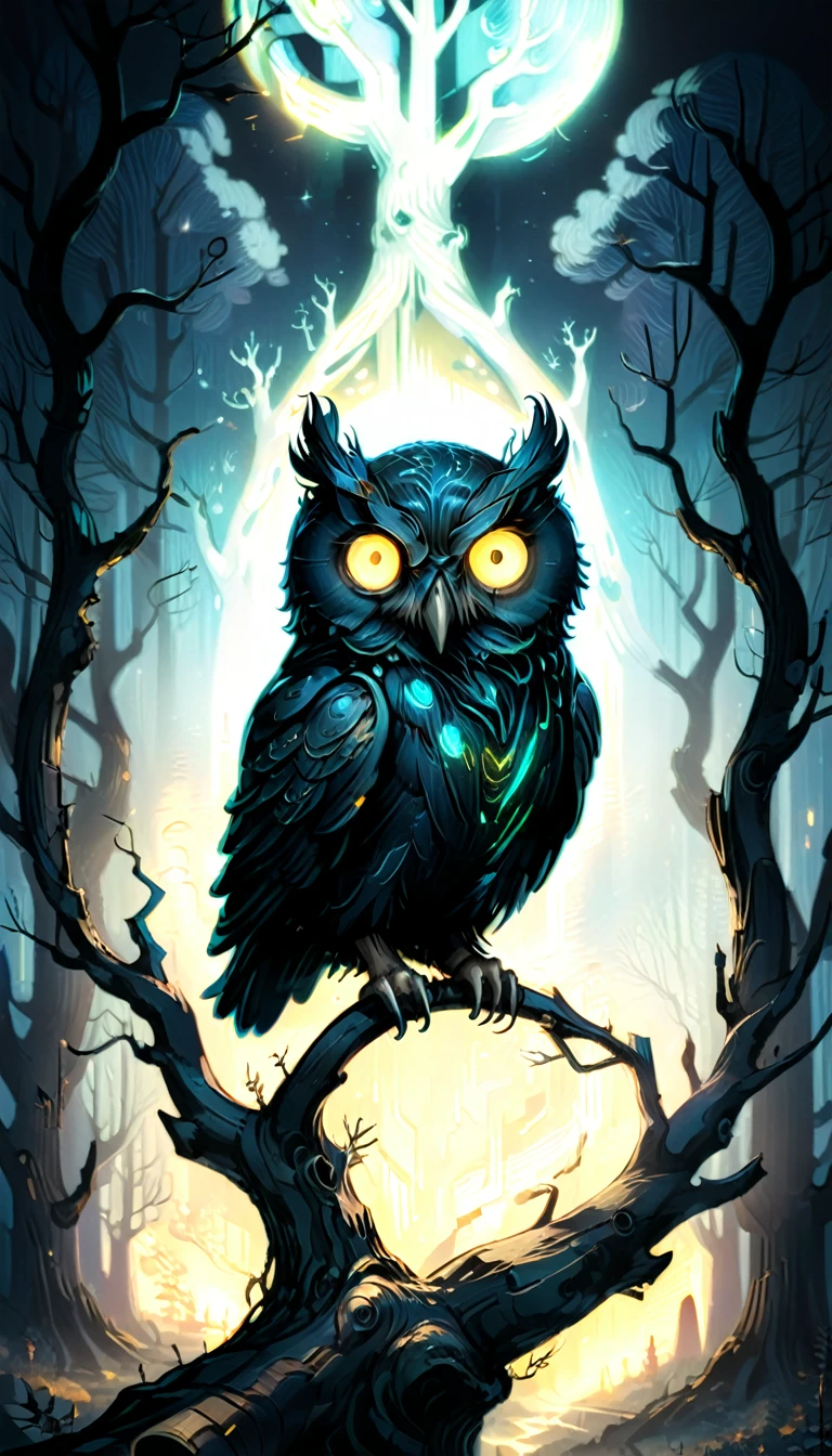 A black owl with glowing eyes watches the viewer from a crooked dead tree in the distance, Dark Bioluminescent Aura, Vincent Van Gogh style, In Beeple style, Dark Night, (masterpiece:1.2), Highest quality, (Ultra-detailed, Most detailed:1.2), High resolution textures, 