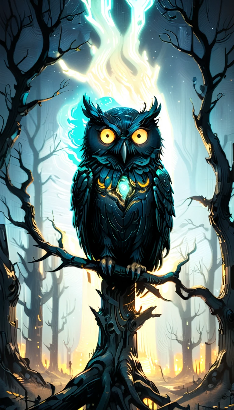 A black owl with glowing eyes watches the viewer from a crooked dead tree in the distance, Dark Bioluminescent Aura, Vincent Van Gogh style, In Beeple style, Dark Night, (masterpiece:1.2), Highest quality, (Ultra-detailed, Most detailed:1.2), High resolution textures,