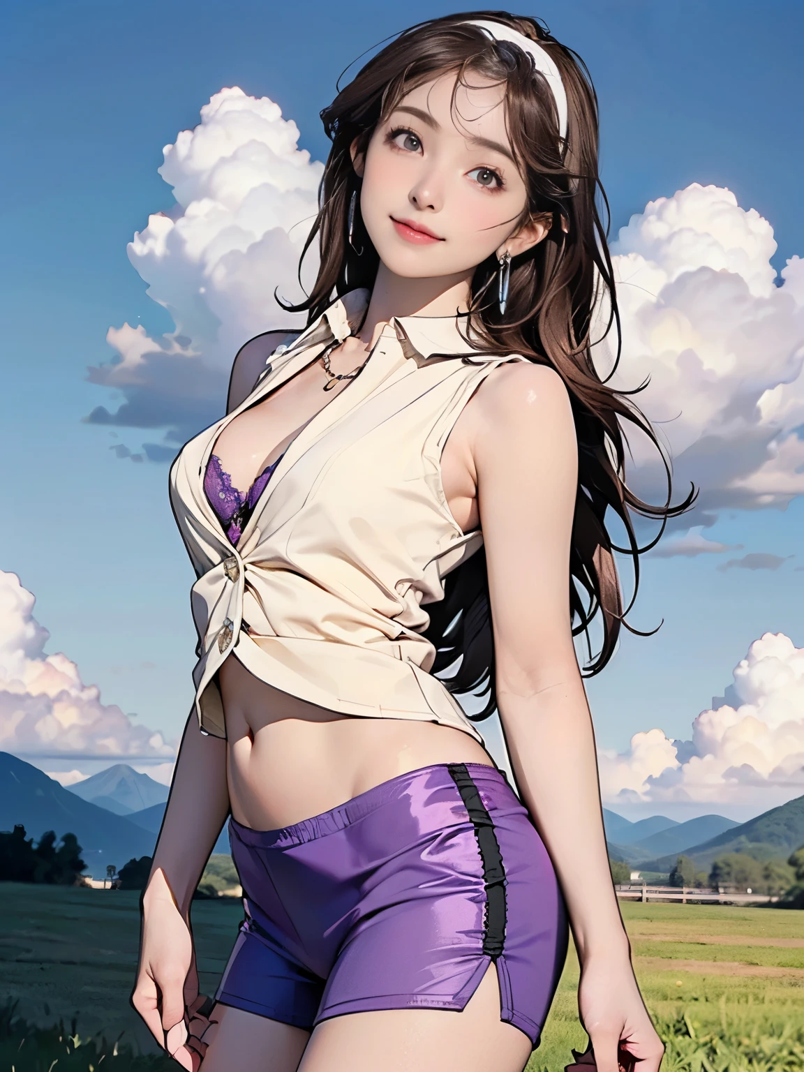 young girl, Long brown hair, high ponytail, yellow and purple eyes, white tight top, open belly, open breasts, fishing net, tight purple pants, Bat wings, Smile, Masterpiece, hiquality, 4k, HD, Good detail