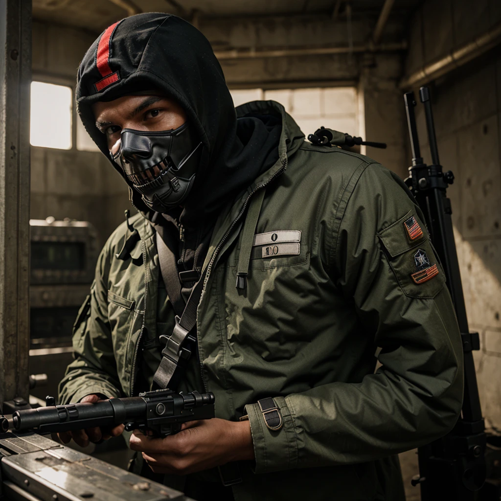 A soldier with a skull mask holds a machine gun
