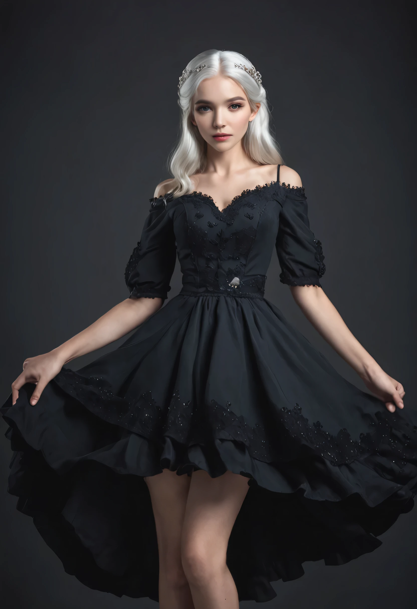 (01 woman, white hair) wearing a princess dress ((black dress))(blue eyes)(dynamic pose)