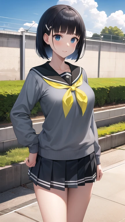 masterpiece, best quality, highres, aasugu, short hair, hairclip, large breasts, grey sweater, black sailor collar, yellow neckerchief, black skirt, standing, cowboy shot, outdoors