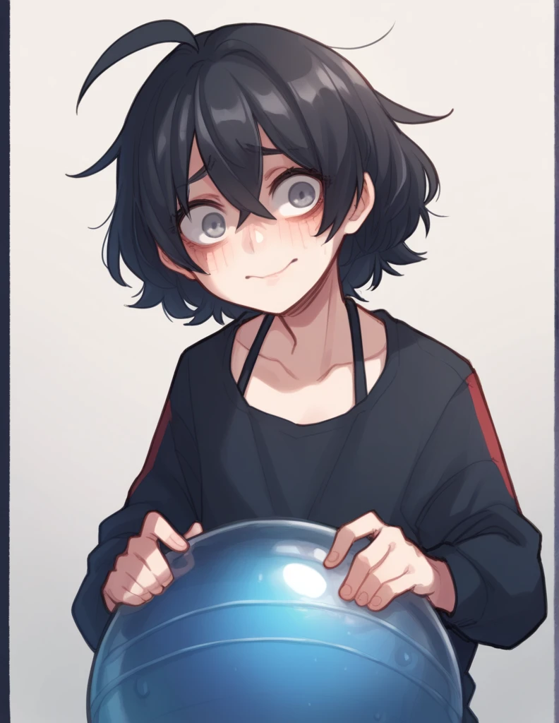 1 girl, alone, ppka, black fur, short hair, messy fur, Ahoge, parts, parts por todo el cuerpo, grey eyes, eyes with hope, blind, very nervous, slight smile, 
Swimsuit, Bikini, plaza, playing, playing en la playa, rubber ball 