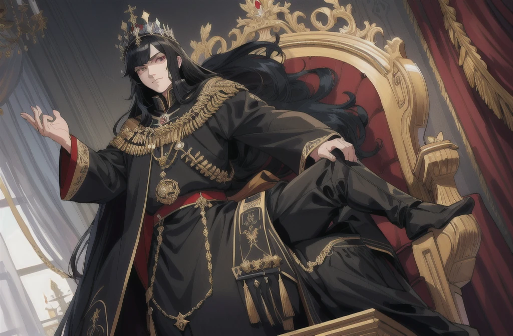Art of me on a big black horse in royal clothing of monarch of hanover with black hair and a scarred eye. anatomically correct