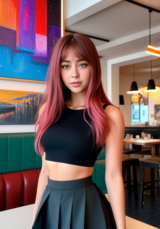 Arafed woman in skirt posing for a photo in a restaurant, alena aenami and germ of art, madison beer as leeloo, deviantart art station cgscosiety, ilya kuvshinov and germ of art, chica sexy, in the style germ of art, ig model | germ of art, amaranth