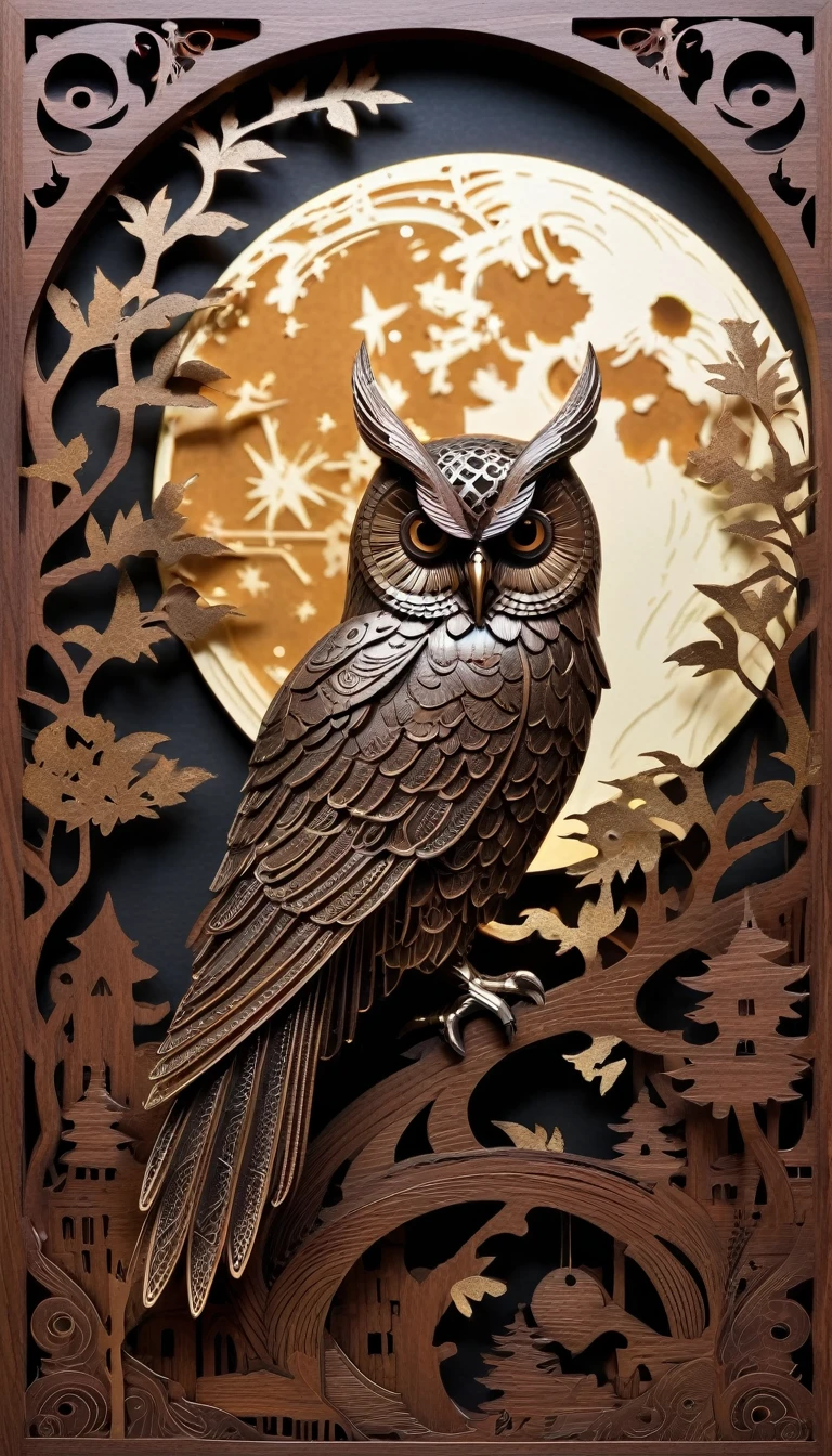 (((masterpiece))),Highest quality,Awareness-raising,Beautiful details sparkle, paper_cut, Hooters, wood,Moon,Gothic,Metallic texture,Retro Cyberpunk,Ultra-realistic